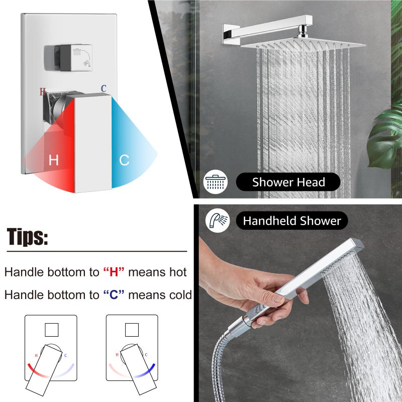 Midanya Shower Faucet Set,Wall Mount Shower System with Square Rain Shower Head and Hand Sprayer, Rough-in Valve Body and Trim Kit Included,10 Inch,Polish Chrome - Image 4
